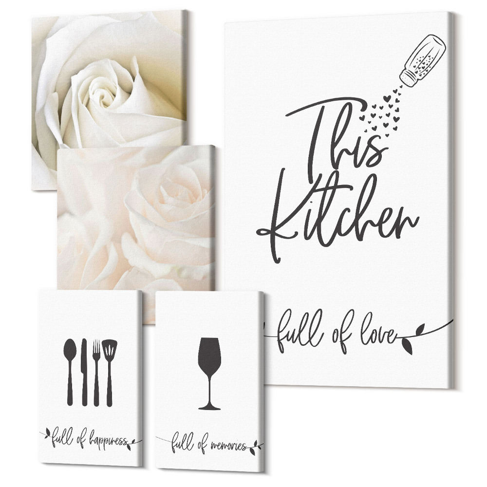 Zestaw obrazów 5 części pentaptyk Stylowa dekoracja kuchni z motywami roślinnymi i napisy