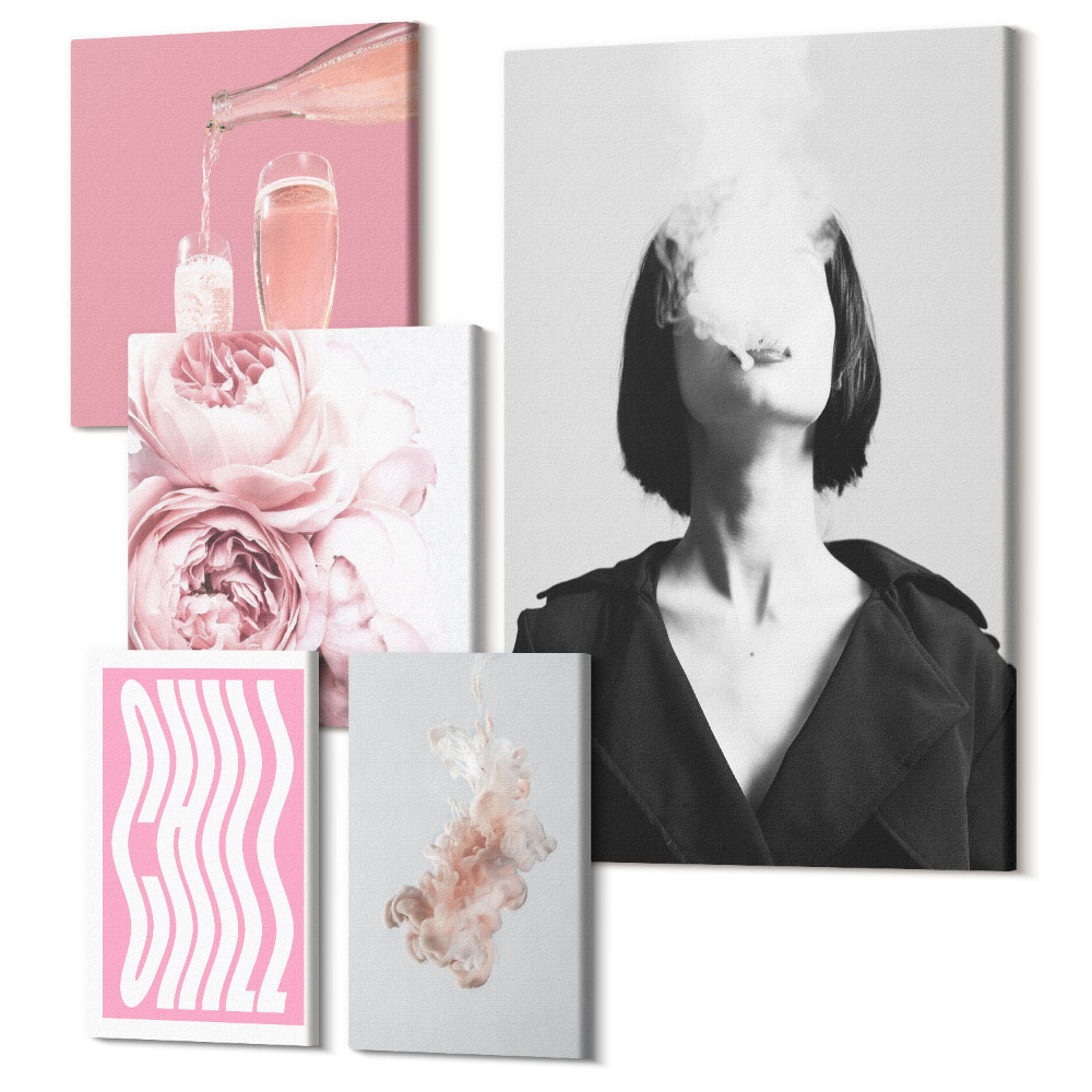 Zestaw obrazów na płótnie pentaptyk Stylowe kompozycje z różowymi akcentami i kwiatami