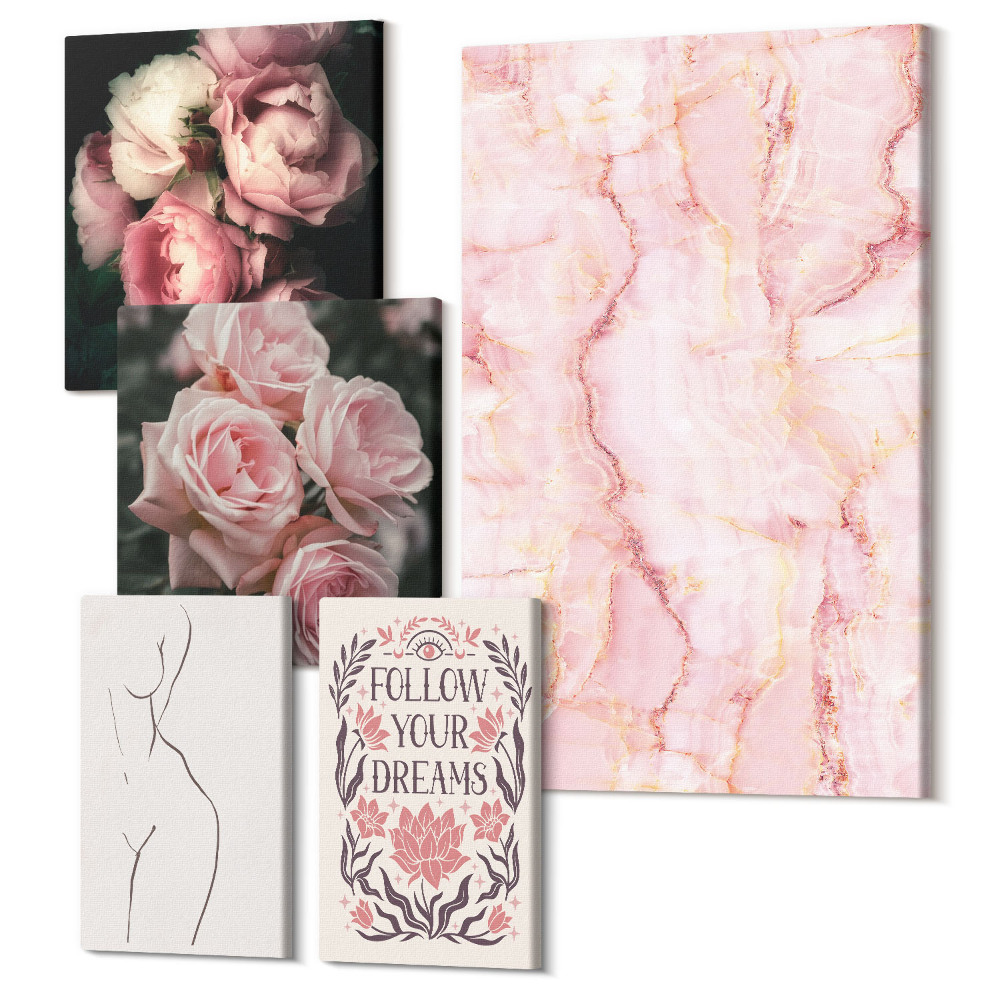Zestaw obrazów pentaptyk na ścianę Różowe kwiaty i minimalistyczne formy w stylu boho