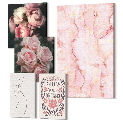 Zestaw obrazów pentaptyk na ścianę Różowe kwiaty i minimalistyczne formy w stylu boho