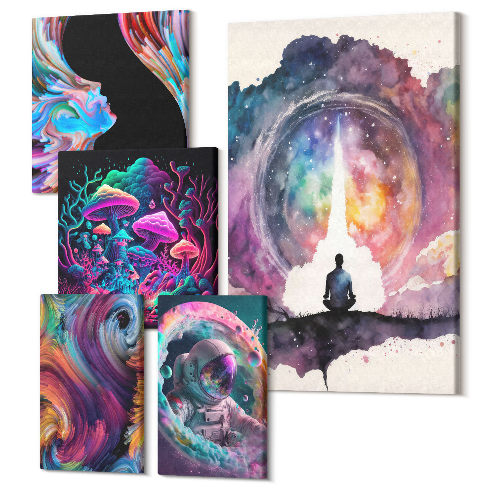 Zestaw obrazów 5 części pentaptyk Kosmiczne inspiracje w kolorowej estetyce surrealizmu