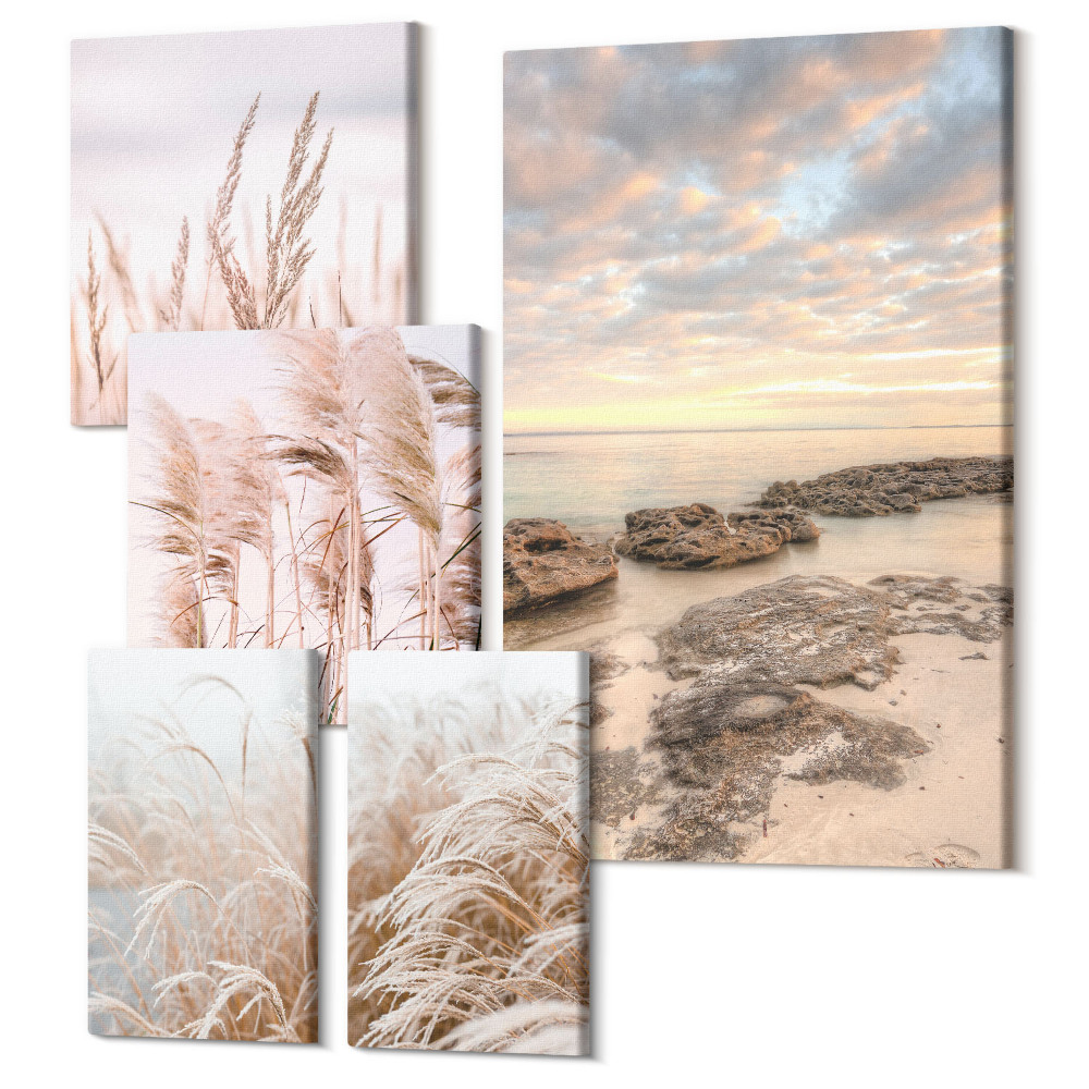 Zestaw obrazów 5 części pentaptyk Krajobrazy nadmorskie z roślinnością i zachodem słońca