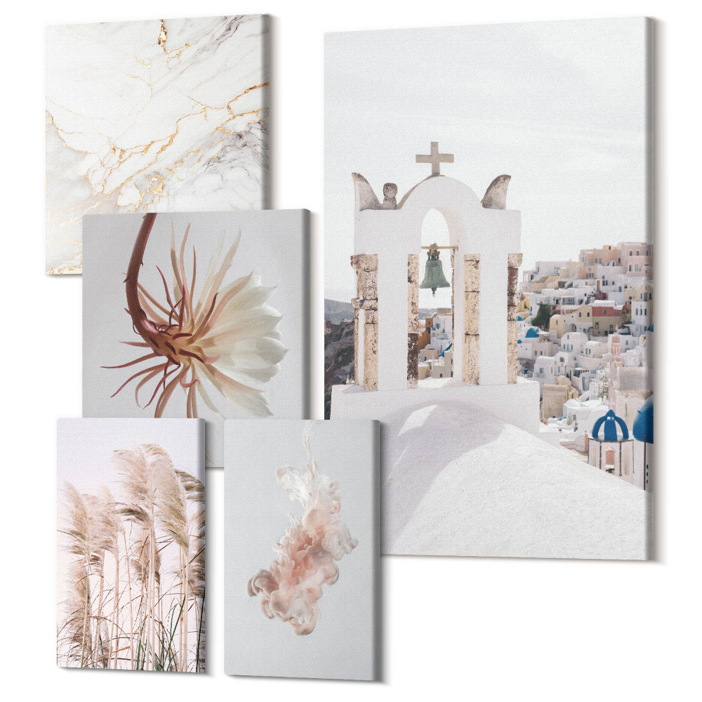 Zestaw obrazów na płótnie pentaptyk Stylowe widoki na architekturę i naturę w pastelach