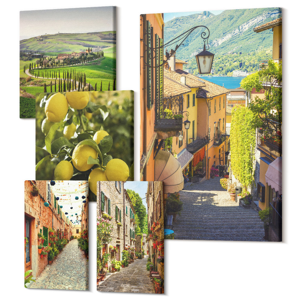 Zestaw obrazów 5 części pentaptyk Urokliwe uliczki i malownicze krajobrazy Włoch