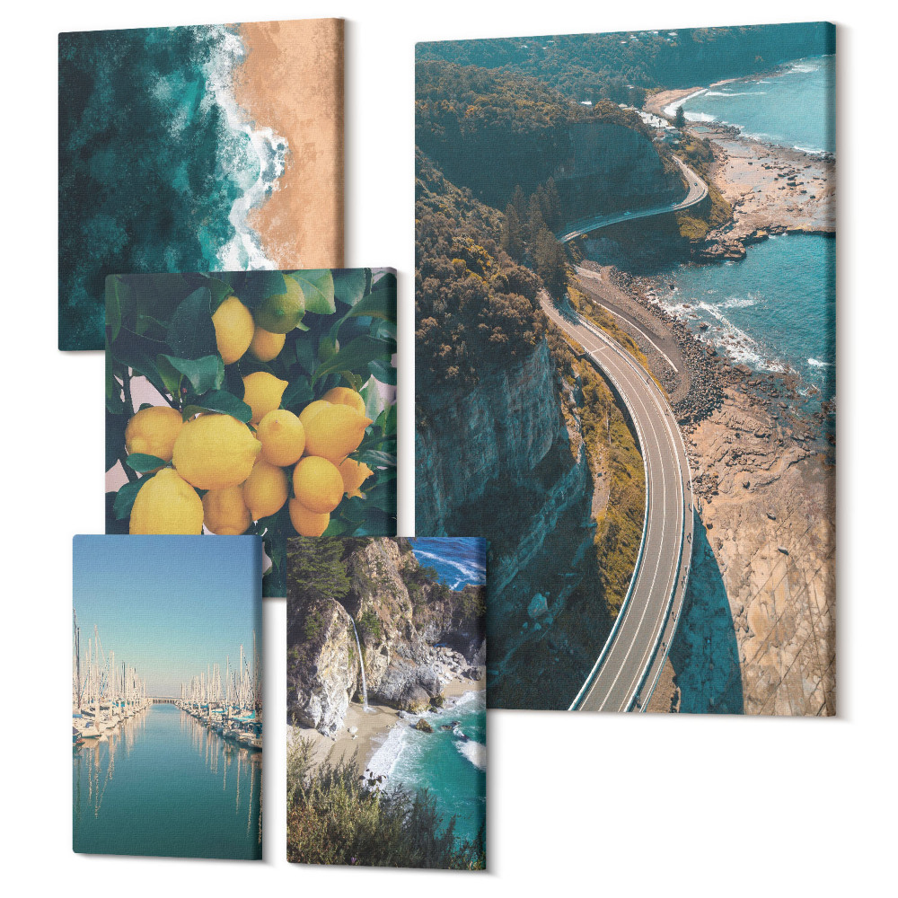 Zestaw obrazów pentaptyk na ścianę Krajobrazy nadmorskie z plażami i owocami cytrusowymi