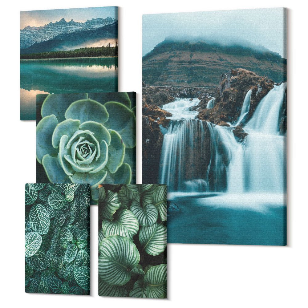 Zestaw obrazów na płótnie pentaptyk Zielone rośliny i wodospady w stylu naturalnym
