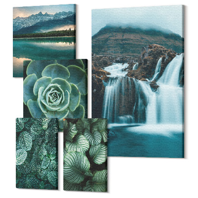 Zestaw obrazów na płótnie pentaptyk Zielone rośliny i wodospady w stylu naturalnym