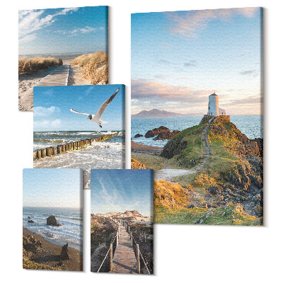 Zestaw obrazów 5 części pentaptyk Nadmorskie widoki z latarniami i plażami w tle