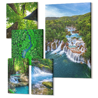 Zestaw obrazów na płótnie pentaptyk Naturalne wodospady i zielone krajobrazy przyrody