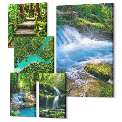 Zestaw obrazów 5 części pentaptyk Zielone oazy spokoju wodospady i strumienie w lesie