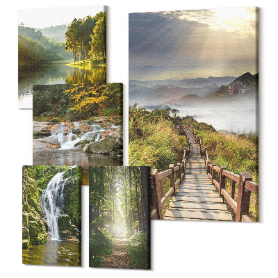 Zestaw obrazów pentaptyk na ścianę Naturalne pejzaże z wodospadami i leśnymi ścieżkami