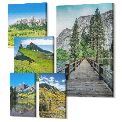 Zestaw obrazów 5 części pentaptyk Naturalne krajobrazy górskie z wodospadami i lasami