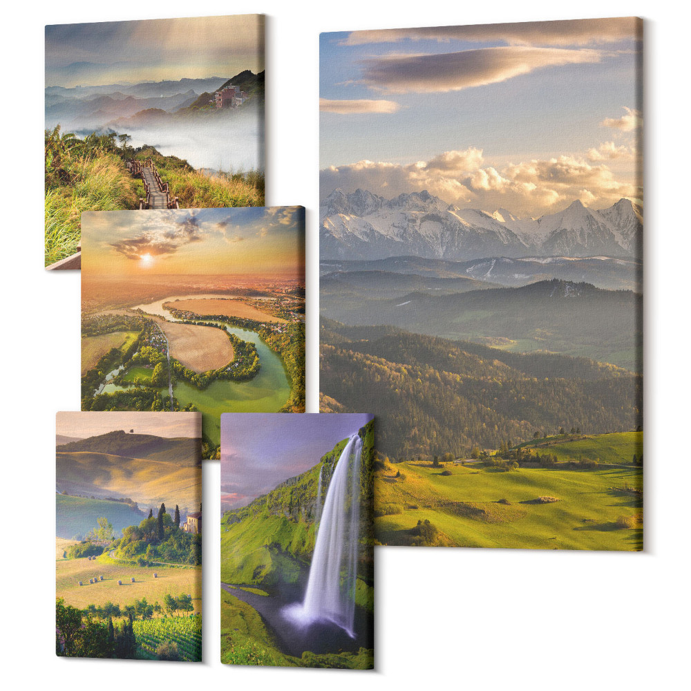 Zestaw obrazów na płótnie pentaptyk Krajobrazy górskie i wodospady w malowniczej scenerii