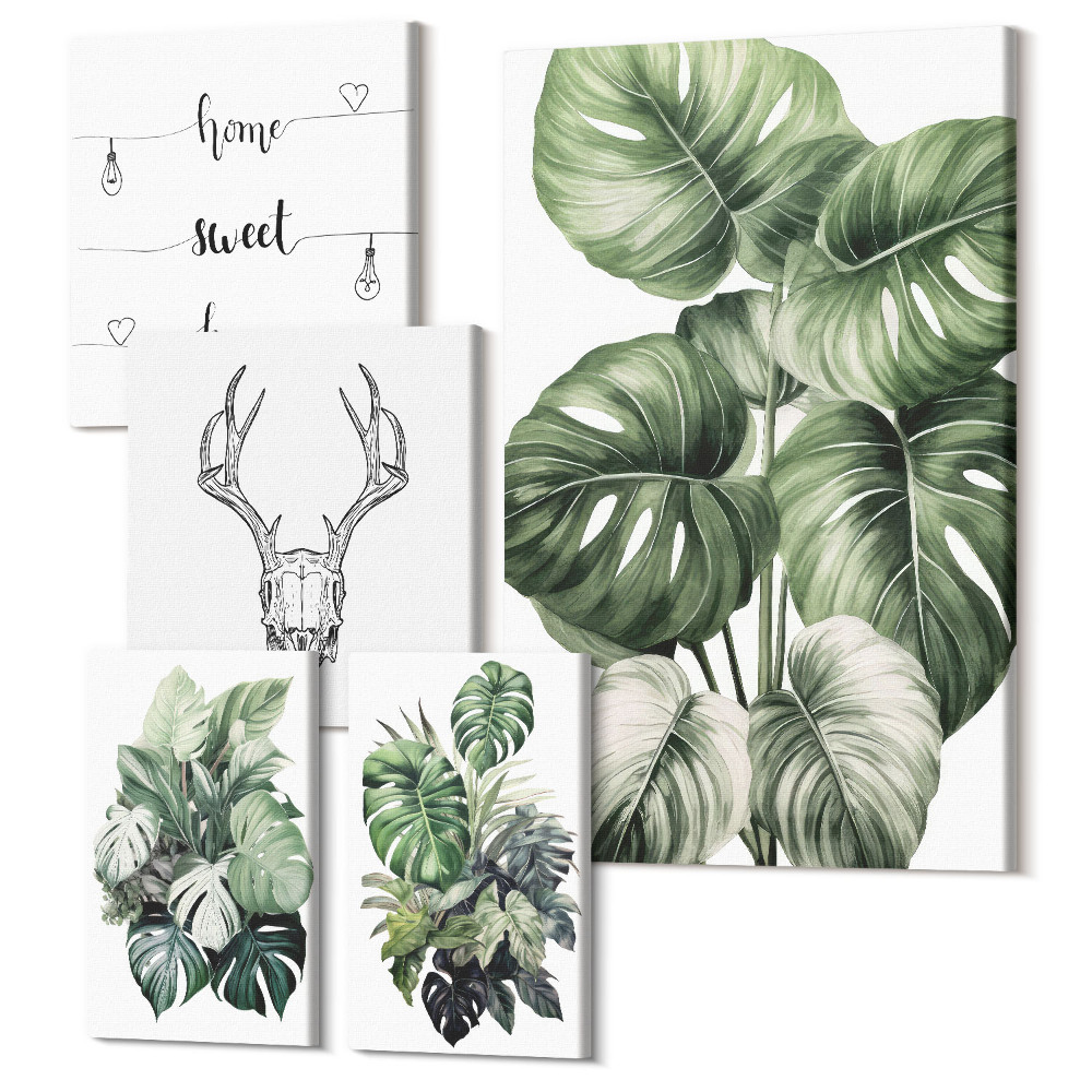 Zestaw obrazów pentaptyk na ścianę Roślinne motywy z elementami natury i napisem home