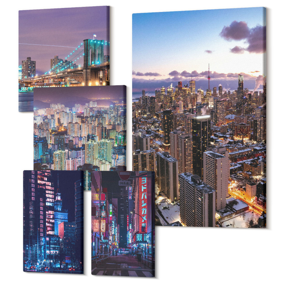 Zestaw obrazów pentaptyk na ścianę Nowoczesne miejskie pejzaże nocne z neonami i wieżowcami