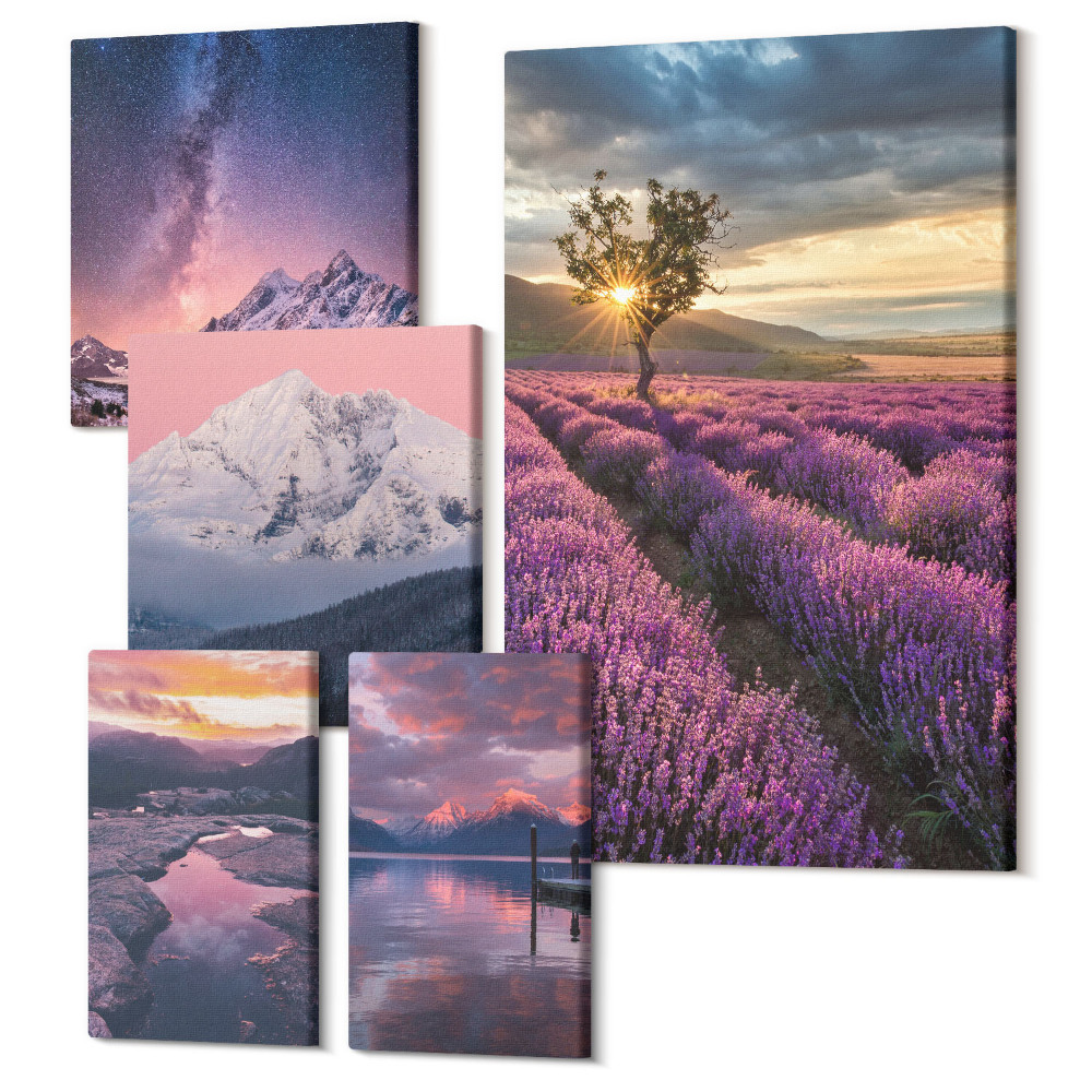 Zestaw obrazów 5 części pentaptyk Krajobrazy natury z lawendowymi polami i górami
