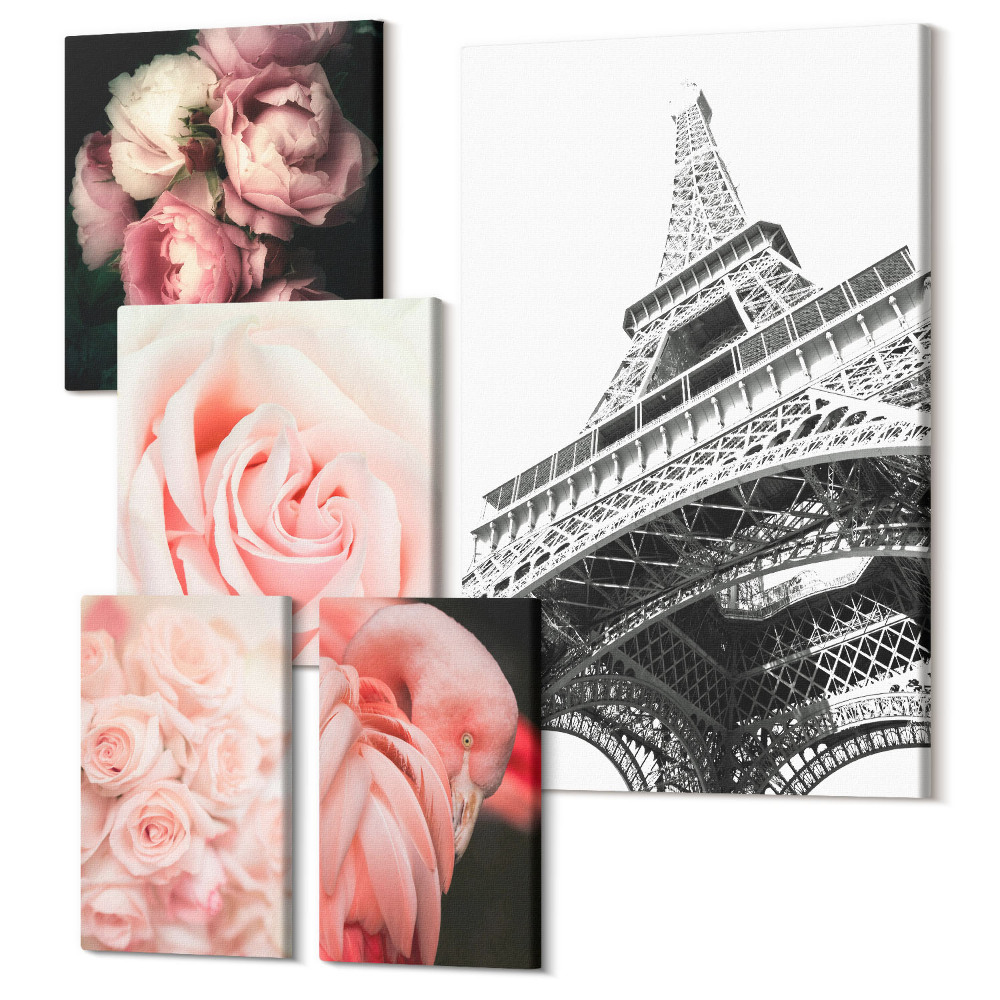 Zestaw obrazów na płótnie pentaptyk Różowe róże i wieża Eiffla w stylu romantycznym
