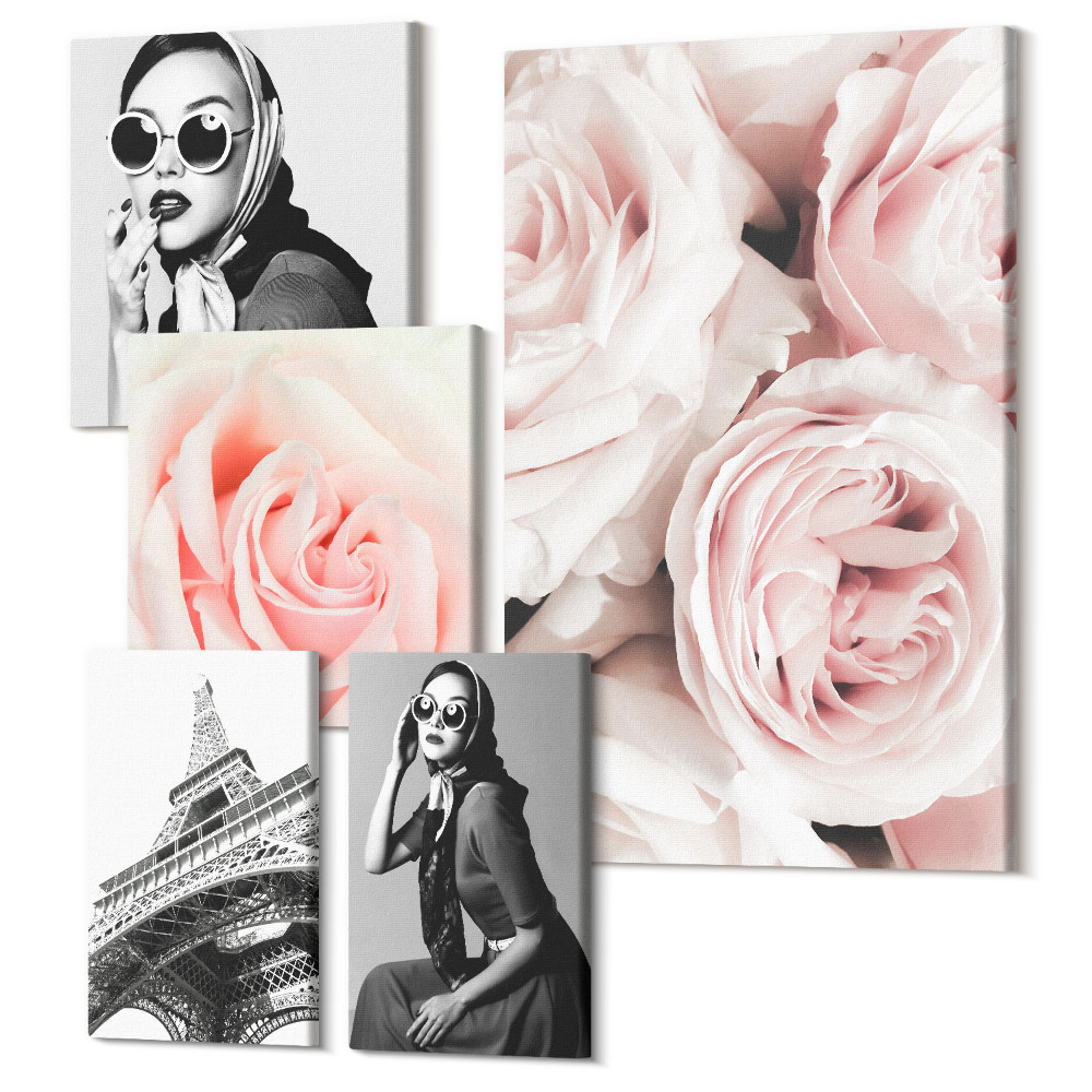 Zestaw obrazów na płótnie pentaptyk Stylowe portrety i romantyczne róże w eleganckim wydaniu