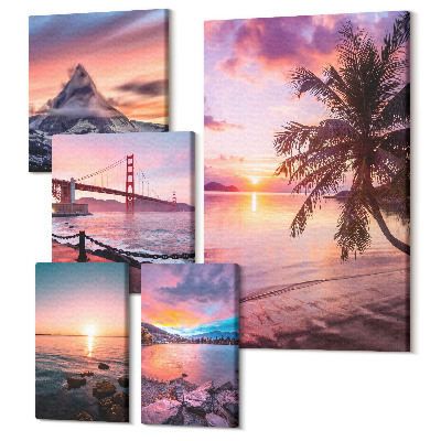 Zestaw obrazów 5 części pentaptyk Krajobrazy nadmorskie z palmami i górskimi widokami