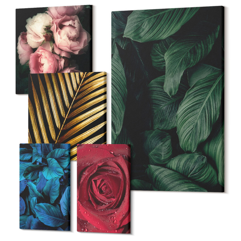 Zestaw obrazów pentaptyk na ścianę Roślinne motywy z kwiatami i liśćmi w stylu naturalnym