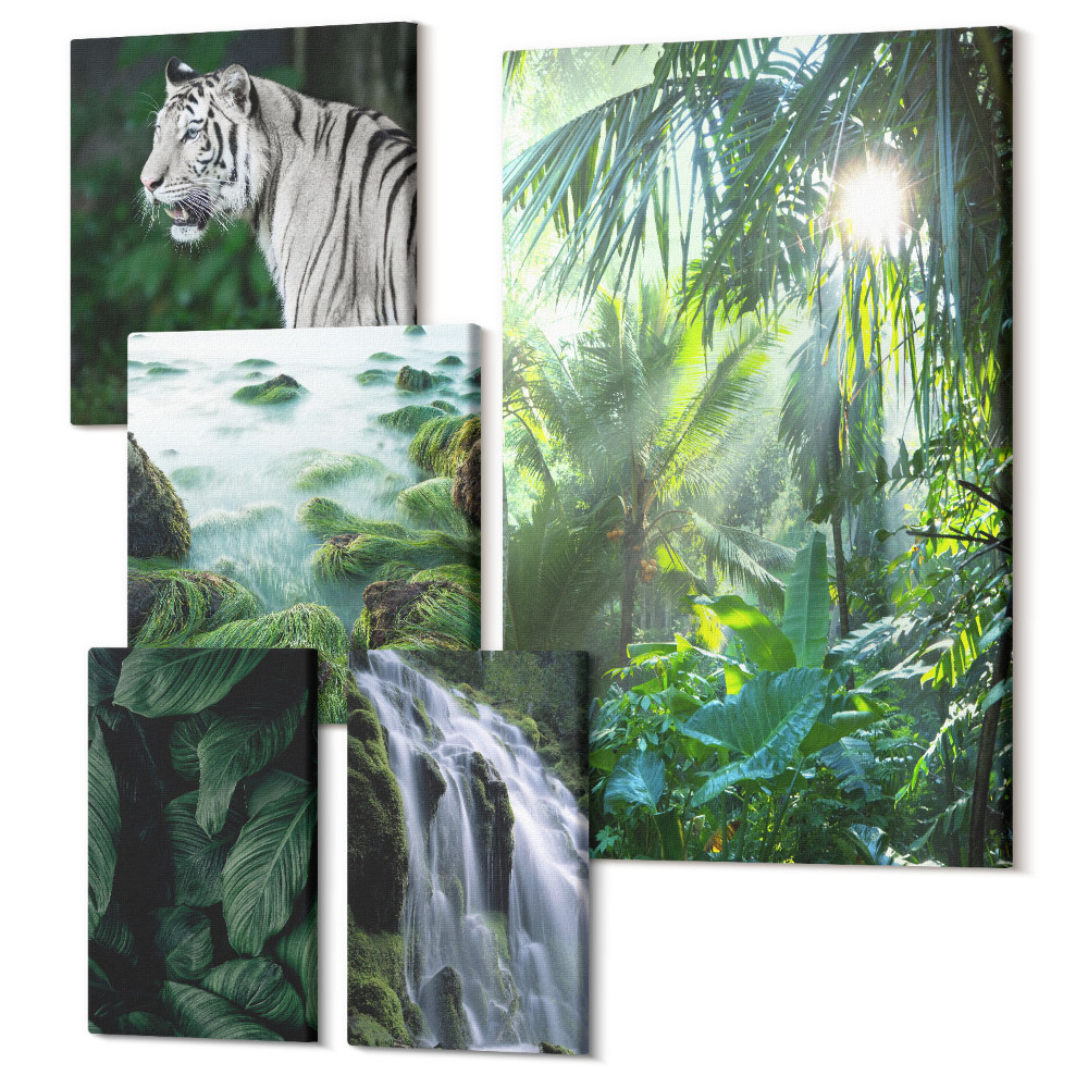 Zestaw obrazów 5 części pentaptyk Tropikalna przyroda z dzikimi zwierzętami i wodospadami