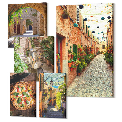 Zestaw obrazów 5 części pentaptyk Urokliwe uliczki i smakowite potrawy w stylu włoskim