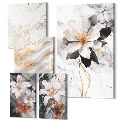 Zestaw obrazów na płótnie pentaptyk Kwiatowe motywy na marmurowym tle w eleganckim stylu
