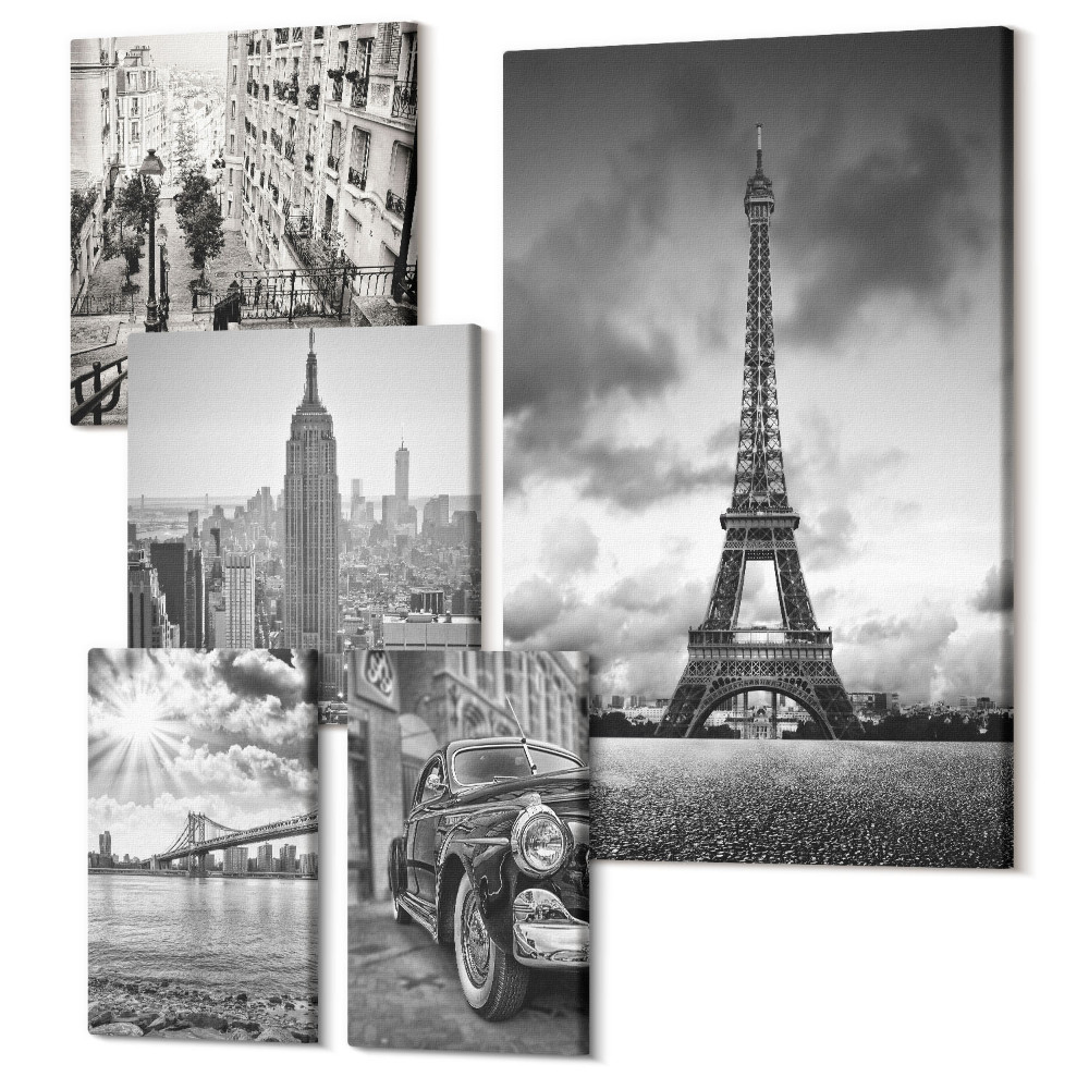 Zestaw obrazów 5 części pentaptyk Krajobrazy miejskie z ikonami architektury świata