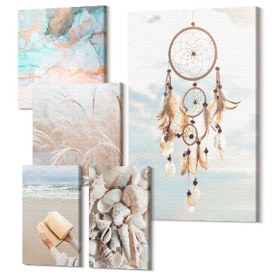 Zestaw obrazów na płótnie pentaptyk Styl boho marzenia o plaży i naturze w delikatnych tonach