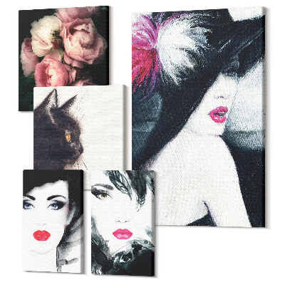 Zestaw obrazów pentaptyk na ścianę Stylowe portrety kobiet z różami i kotem