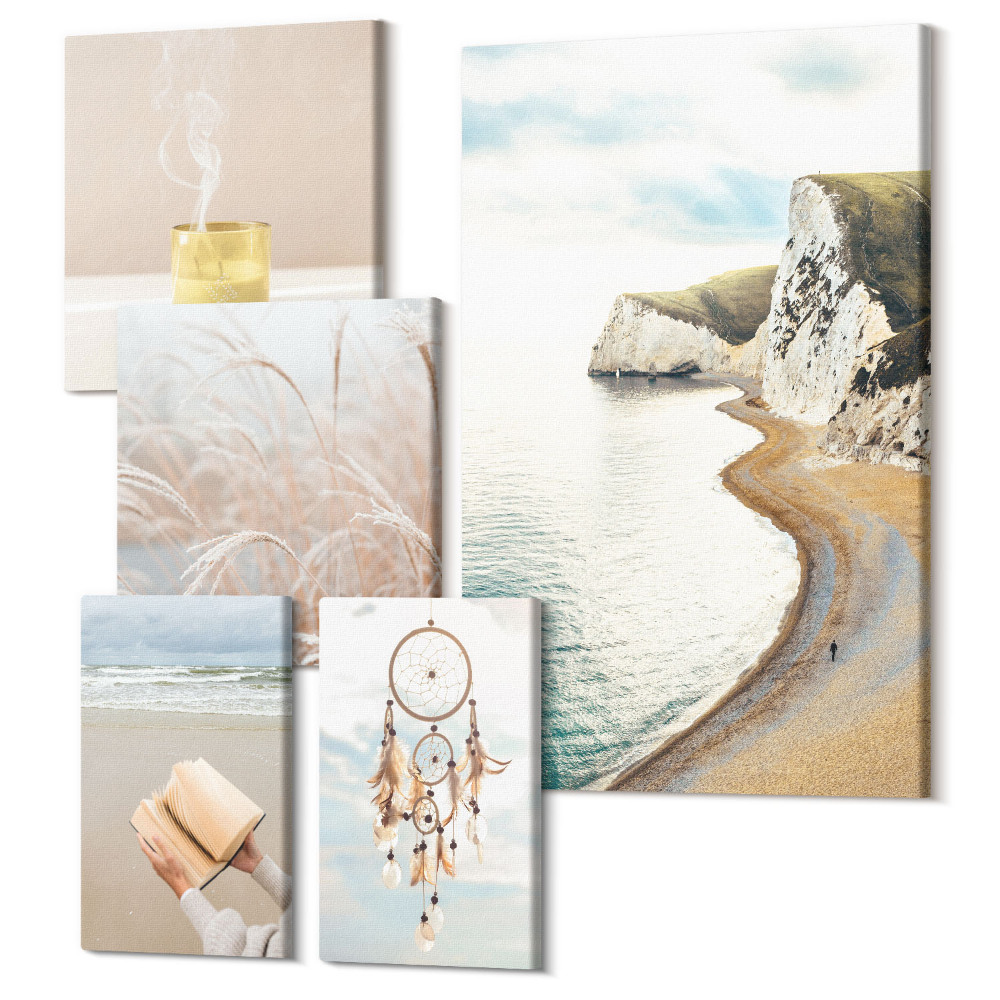 Zestaw obrazów na płótnie pentaptyk Relaksujące motywy natury z książką i marzeniami