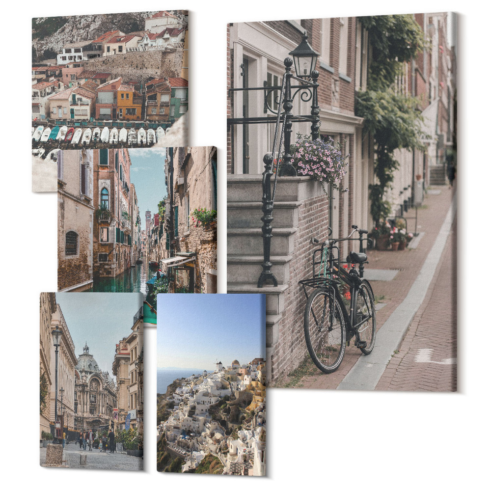 Zestaw obrazów 5 części pentaptyk Urokliwe uliczki miast europejskich z rowerami i kanałami
