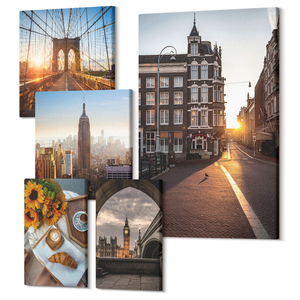 Zestaw obrazów na płótnie pentaptyk Urokliwe miasta widoki na architekturę i zachody słońca