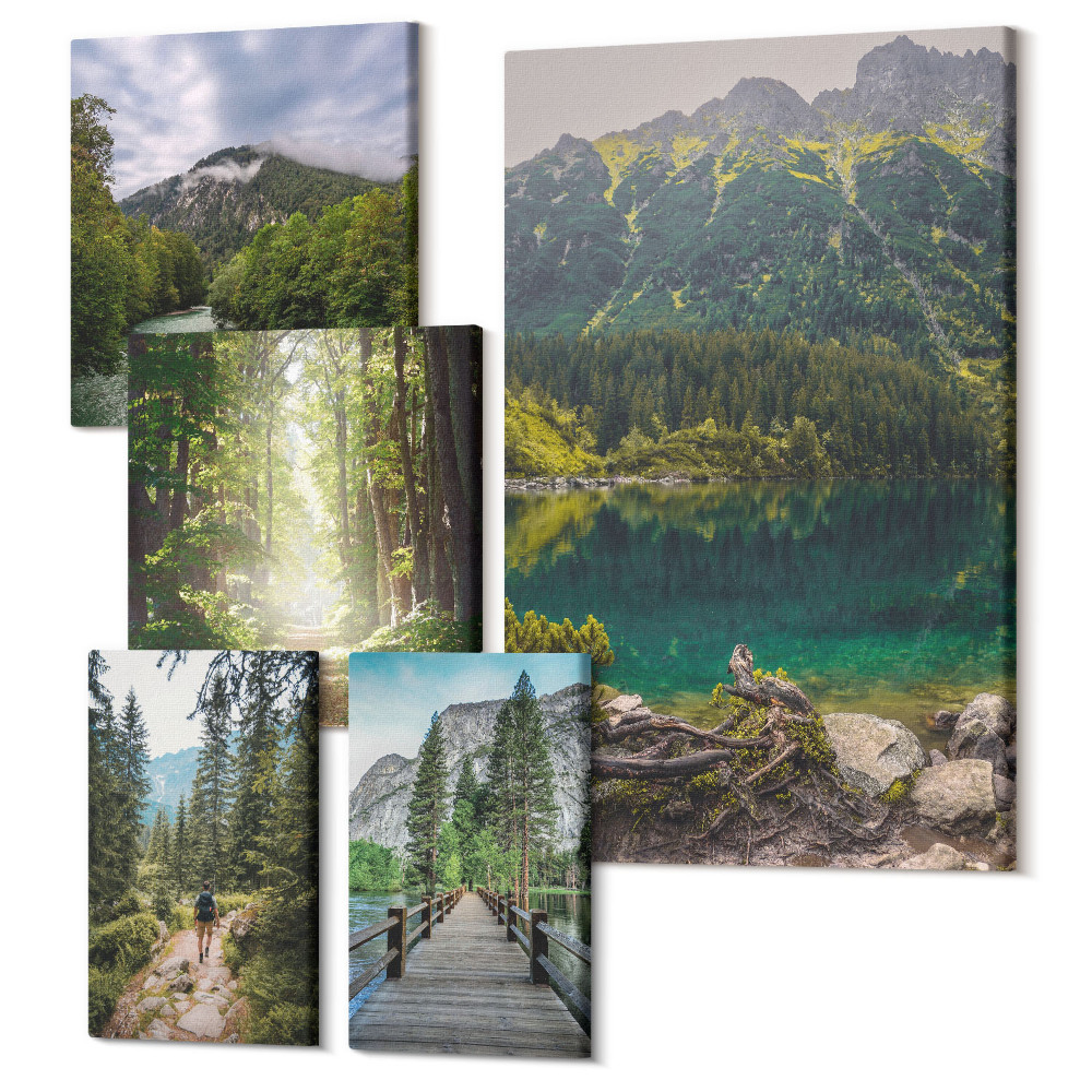 Zestaw obrazów na płótnie pentaptyk Naturalne krajobrazy górskie i leśne ścieżki do wędrówek