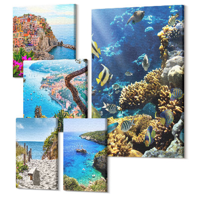 Zestaw obrazów 5 części pentaptyk Krajobrazy nadmorskie z kolorowymi rybami i plażami