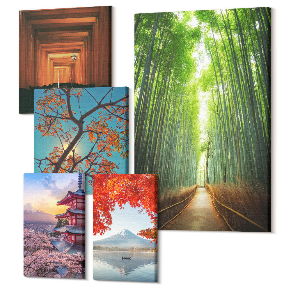 Zestaw obrazów na płótnie pentaptyk Krajobrazy Japonii z bambusami i wiosennymi kwiatami