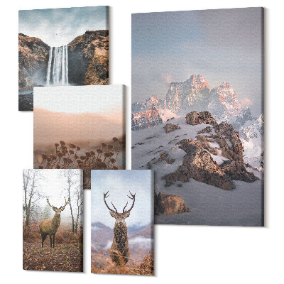 Zestaw obrazów 5 części pentaptyk Krajobrazy górskie z dziką przyrodą i zwierzętami