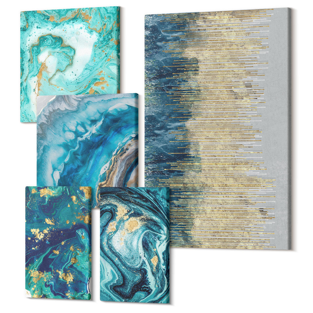 Zestaw obrazów na płótnie pentaptyk Abstrakcyjne kompozycje w odcieniach niebieskiego i zieleni