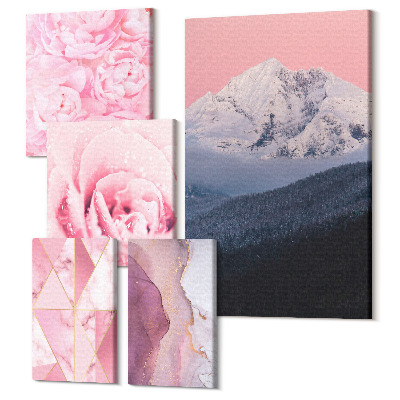Zestaw obrazów pentaptyk na ścianę Różowe pejzaże i kwiaty w stylu nowoczesnym