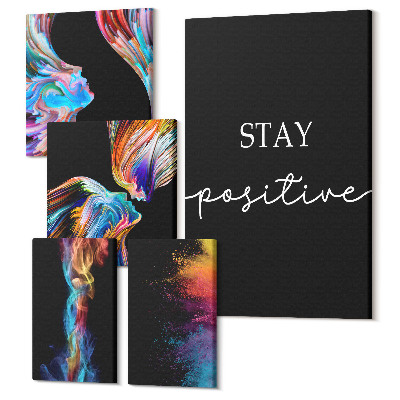 Zestaw obrazów 5 części pentaptyk Kolorowe abstrakcje z pozytywnymi hasłami na czarnym tle