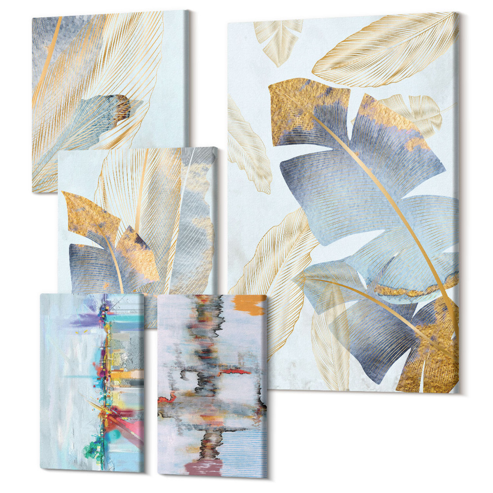 Zestaw obrazów pentaptyk na ścianę Roślinne motywy z nowoczesnymi akcentami artystycznymi