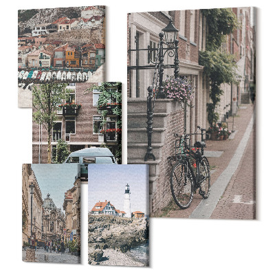 Zestaw obrazów na płótnie pentaptyk Urokliwe uliczki z rowerami i widoki na latarnie morskie