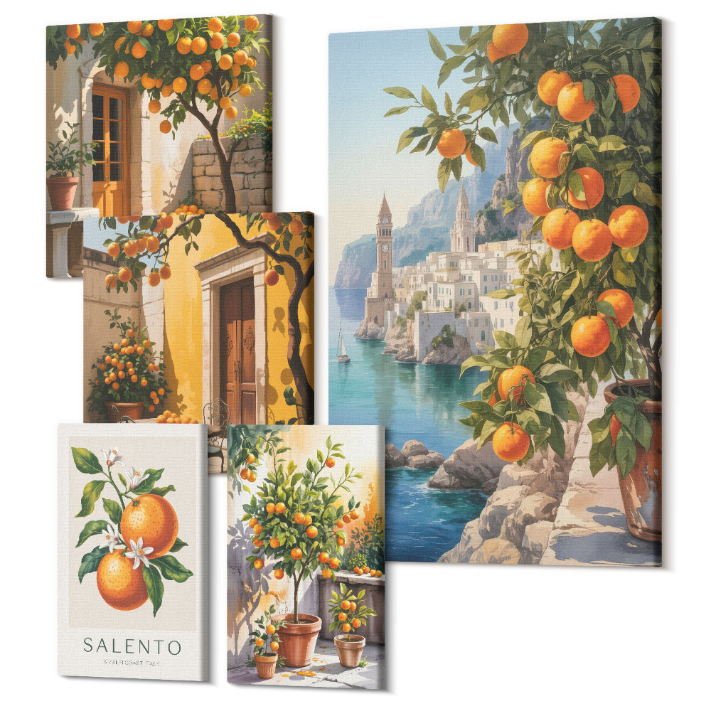 Zestaw obrazów pentaptyk na ścianę Klimatyczne widoki z owocowymi akcentami na ścianę