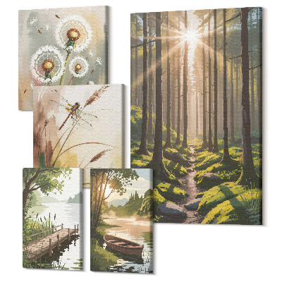 Zestaw obrazów na płótnie pentaptyk Leśne pejzaże z naturą i spokojem w tle