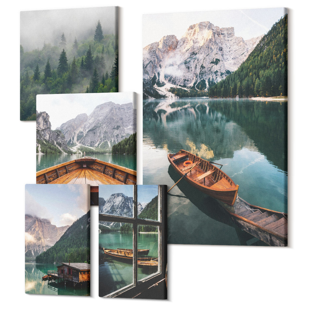 Zestaw obrazów pentaptyk na ścianę Spokojne widoki górskich jezior i malowniczych łodzi