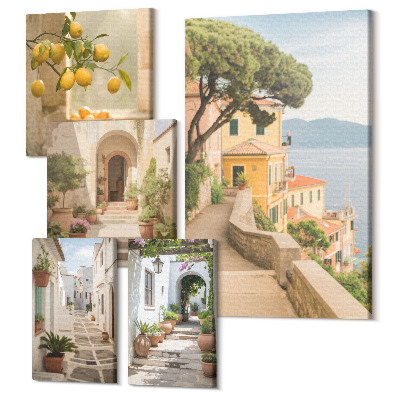 Zestaw obrazów na płótnie pentaptyk Urokliwe uliczki i owoce w stylu śródziemnomorskim