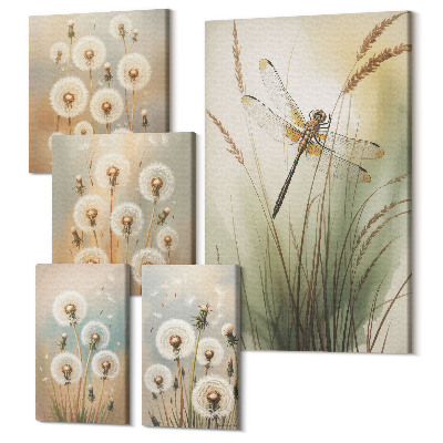 Zestaw obrazów na płótnie pentaptyk Roślinne motywy z ważkami i dmuchawcami w stylu naturalnym