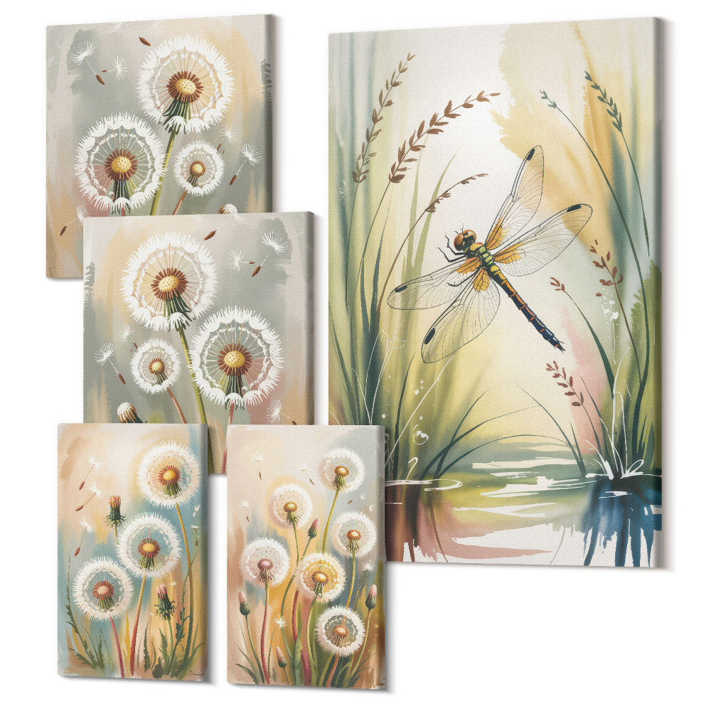 Zestaw obrazów pentaptyk na ścianę Kwiatowe motywy z ważkami w delikatnym stylu naturalnym