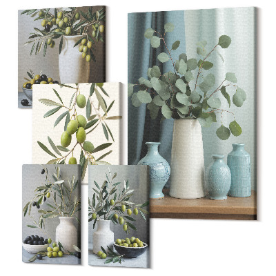 Zestaw obrazów na płótnie pentaptyk Zielone oliwki i kwiaty w stylu skandynawskim