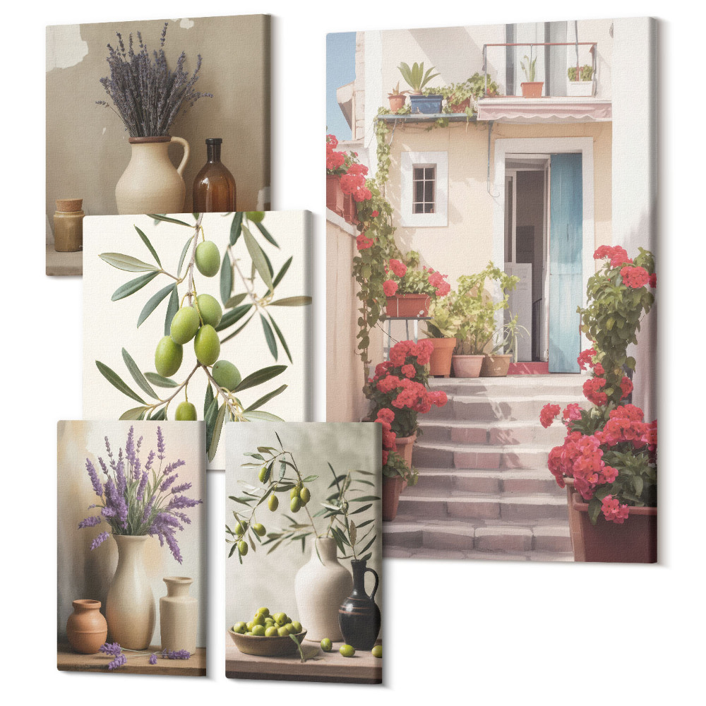 Zestaw obrazów 5 części pentaptyk Stylowe wnętrza z kwiatami i owocami w rustykalnym klimacie